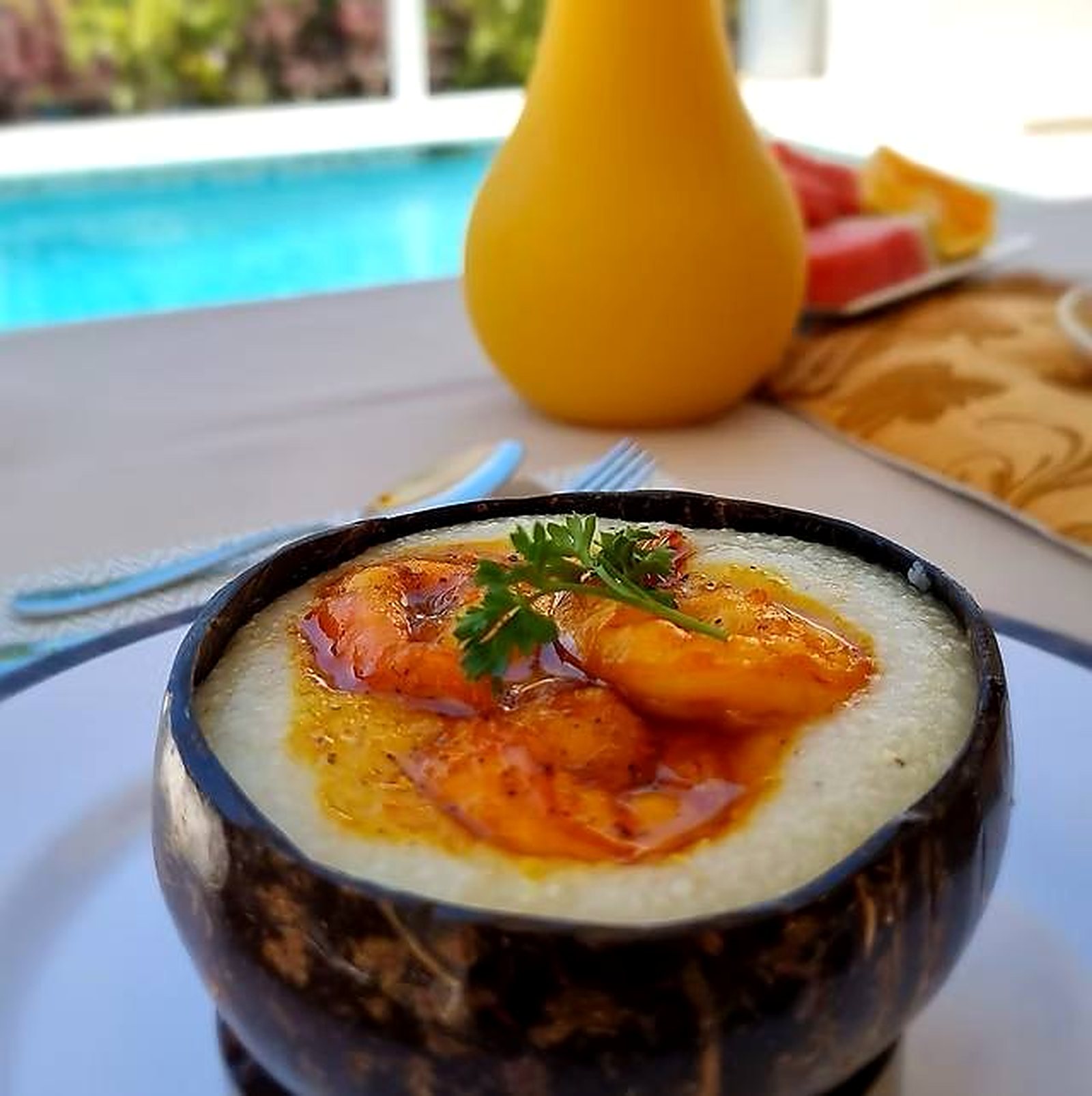 Shrimp & grits, poolside